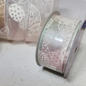 Sheer Wired Ribbon with Easter Shimmering  Lacey Egg Pattern New